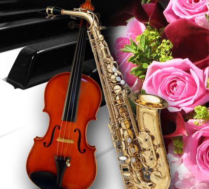Photo montage of Piano Violin Sax and Roses