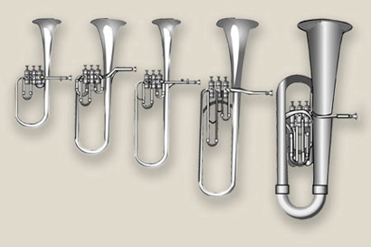 Illustration of brass instruments upright saxhorns