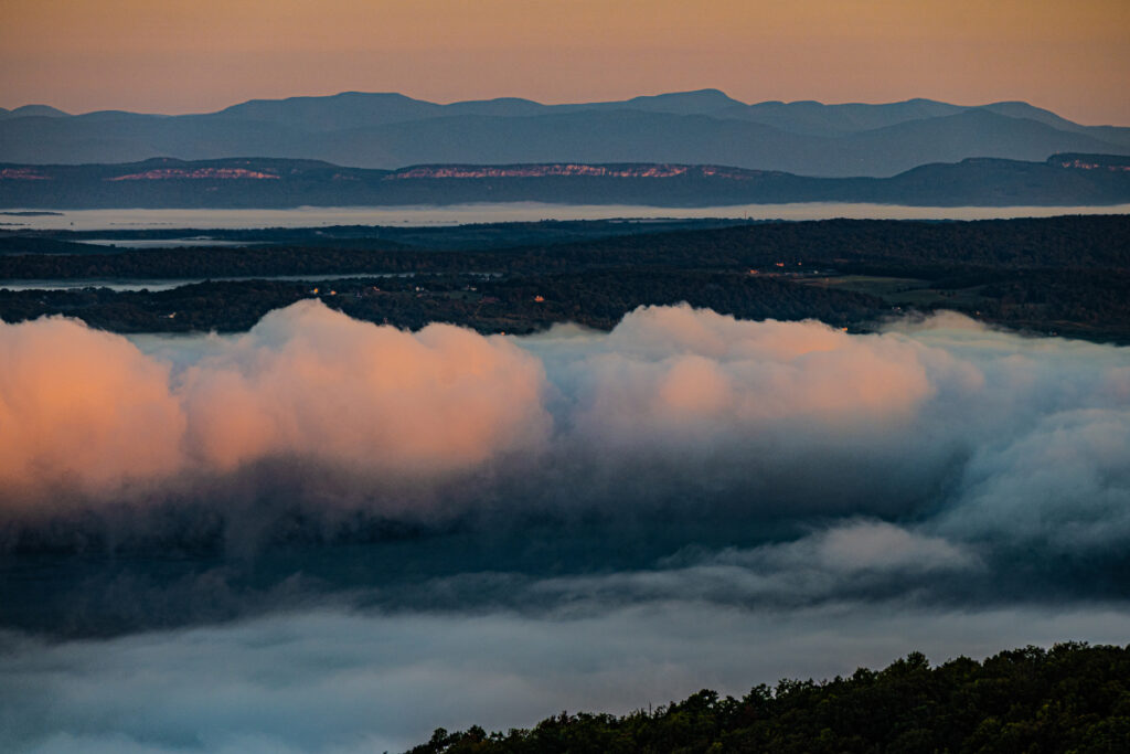 Photo of Evaporation Fog above the Hudson River and covering the Hudson Valley with Catskills in the background.