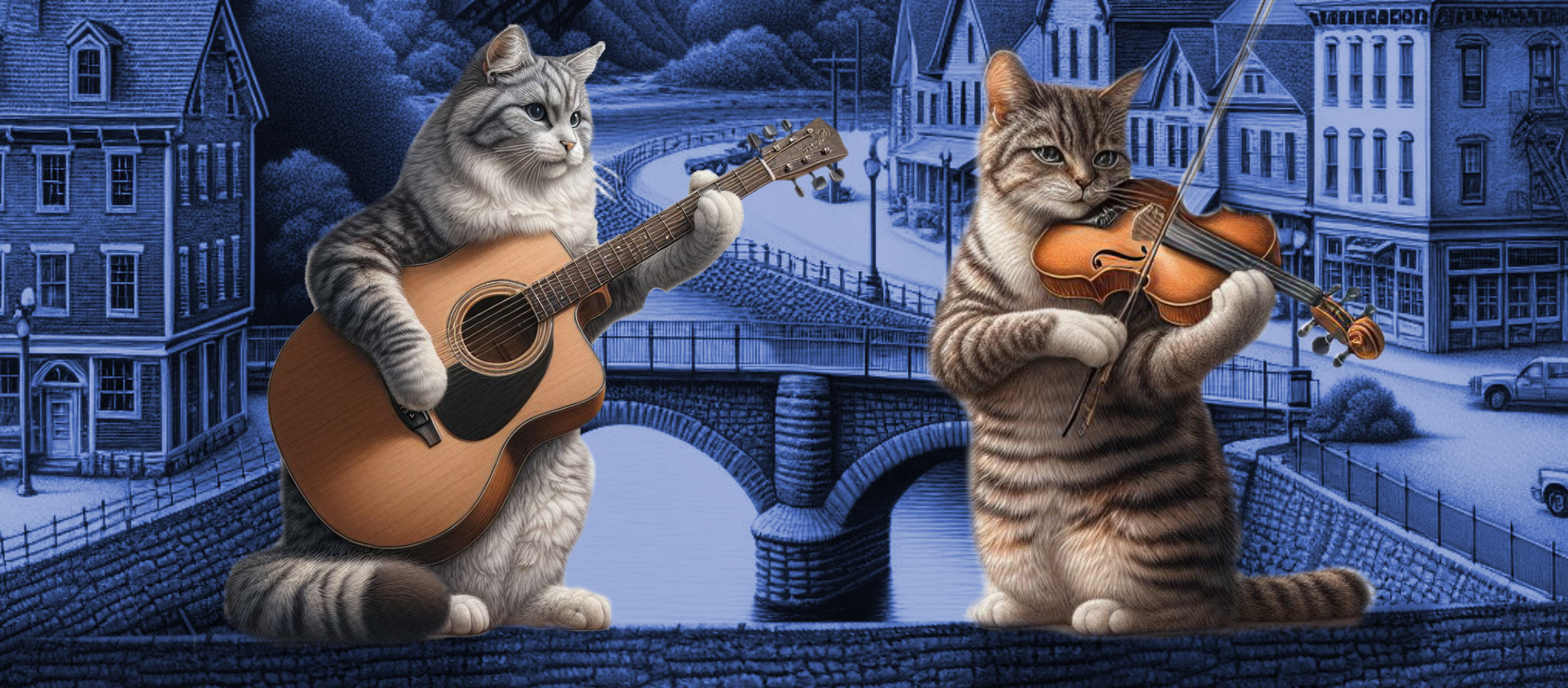 Illustration of cats playing guitar and violin to create music and ambiance