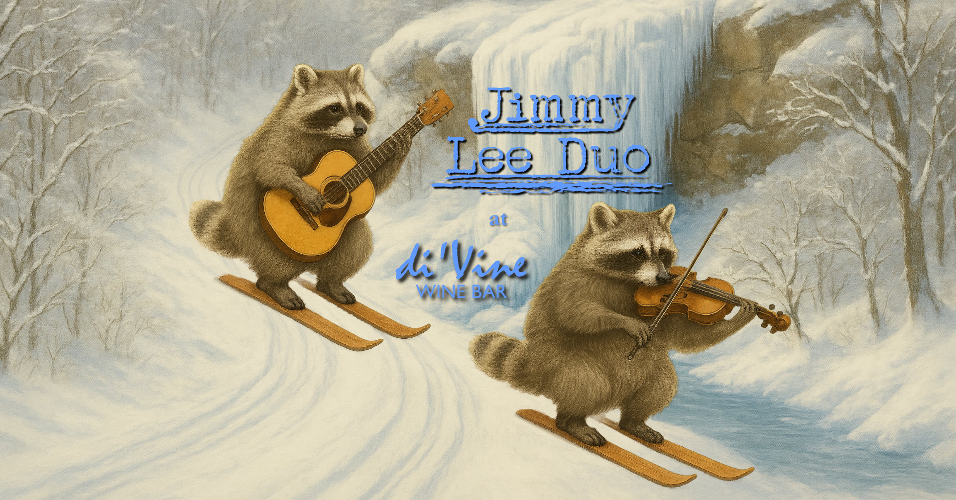 Illustration of raccoons with instruments heading down the mountain for Musical Après-ski 