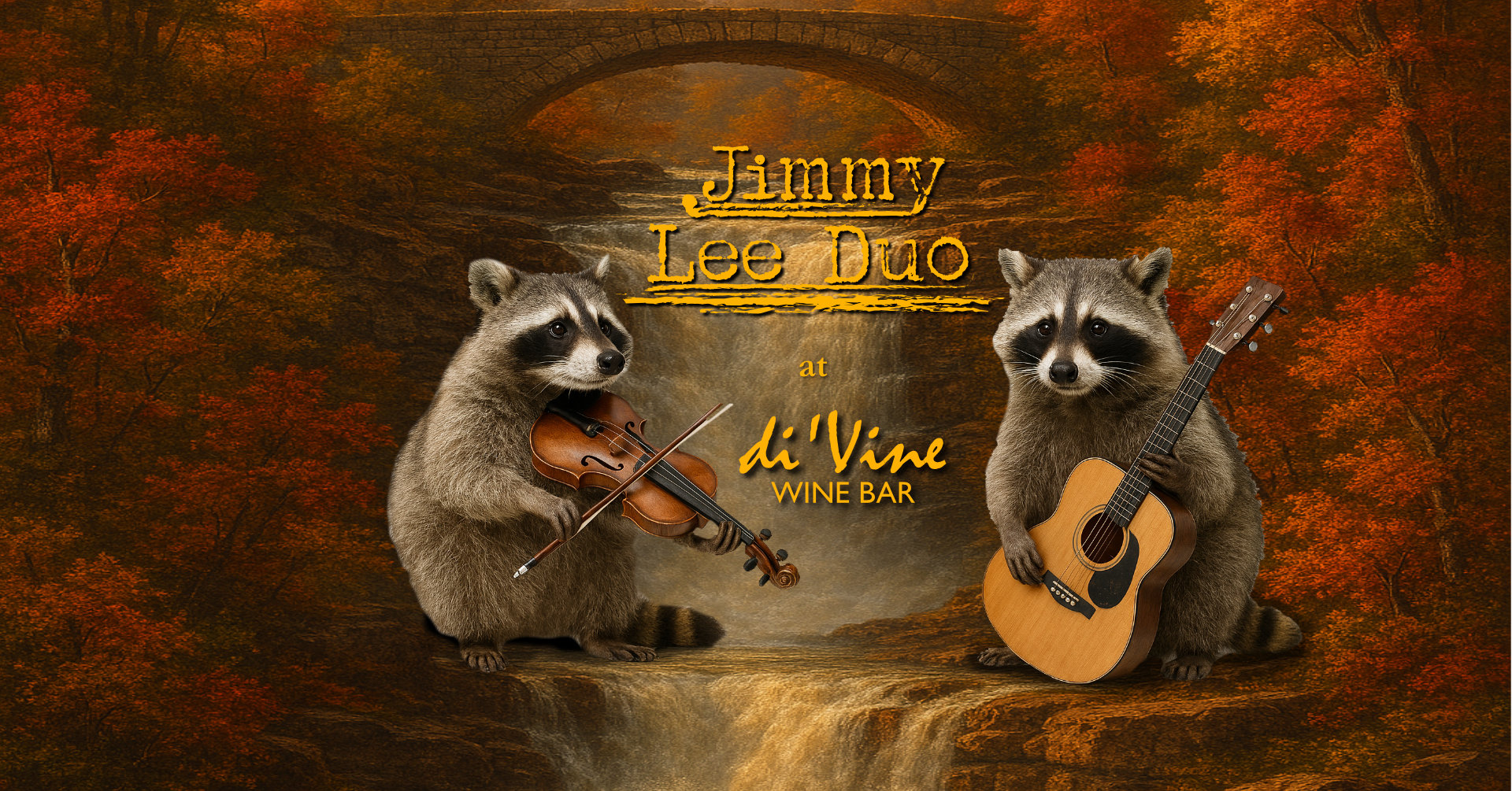 Illustration of raccoons playing violin and Guitar in front of a waterfall. The Song Remains the Same