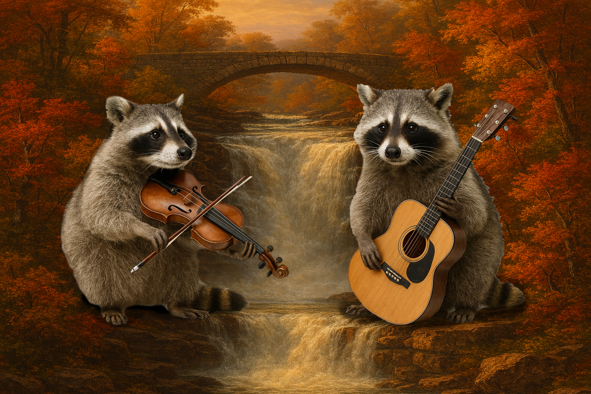 Illustration of raccoons playing violin and Guitar in front of a waterfall.