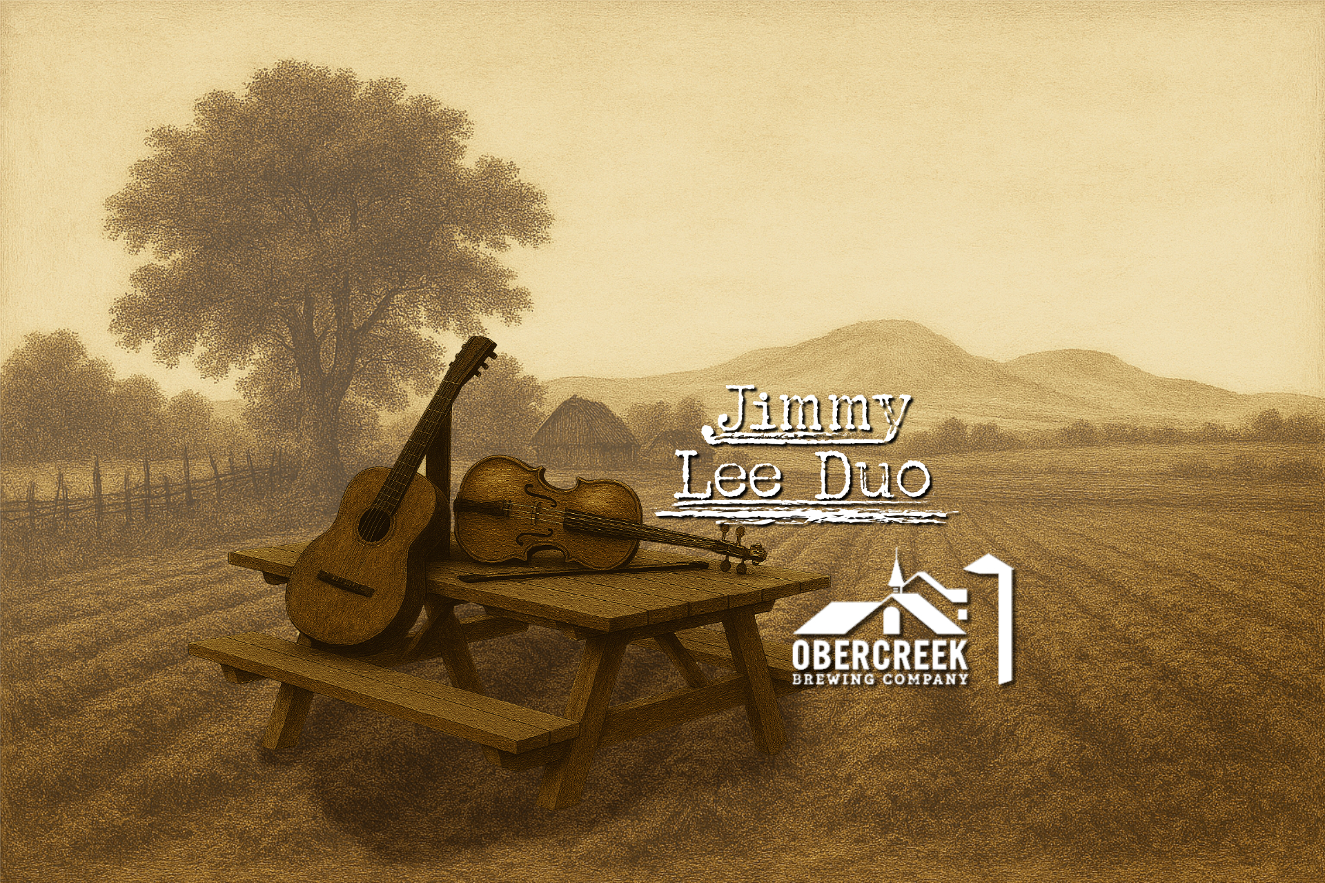Illustration of Guitar and Violin Duet on a picnic table with sepia tone background