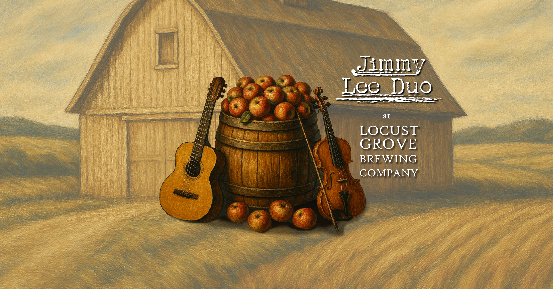 Painting of Guitar and Violin resting on an apple barrel