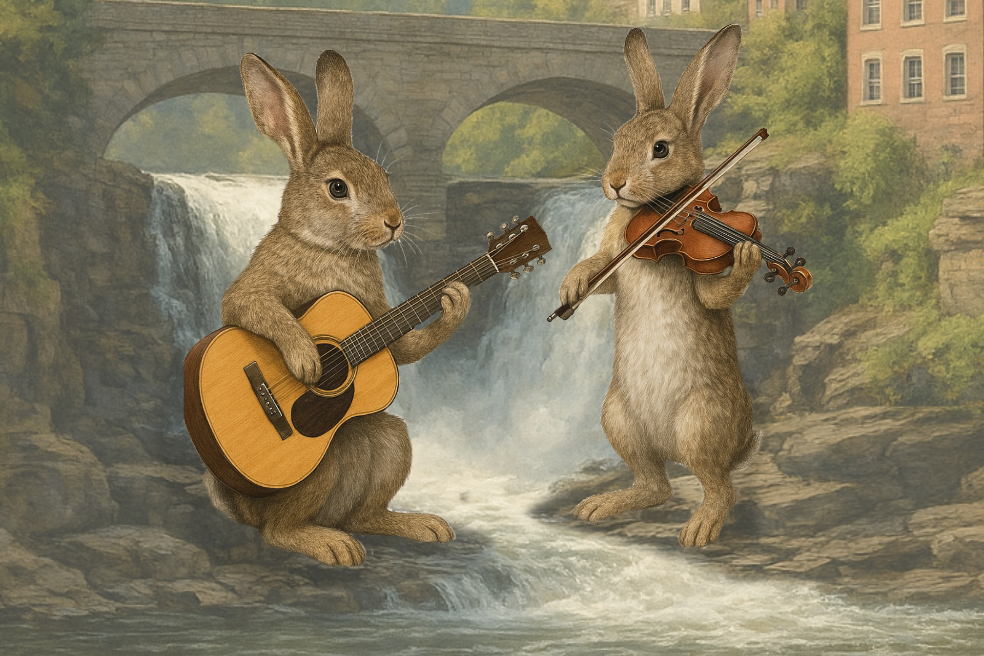 Illustration of Rabbits playing guitar and violin next to a water fall while performing Live Music in Wappingers Falls
