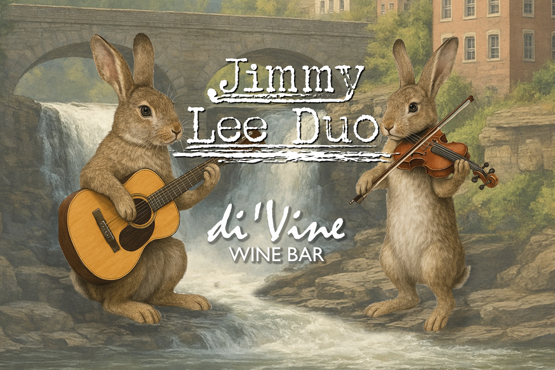 Illustration of rabbits playing guitar and violin with Jimmy Lee Duo logo and di'Vine Wine Bar logo
