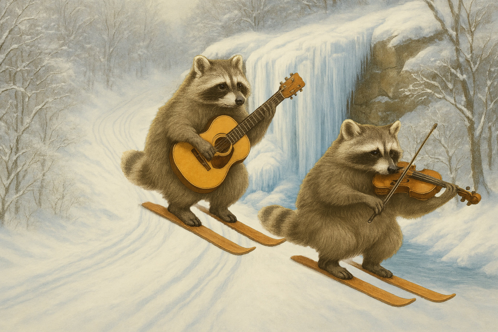 Illustration of raccoons playing guitar and violin while on skis